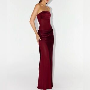 New Peppermayo Strapless Ruched Satin Gown - Burgundy